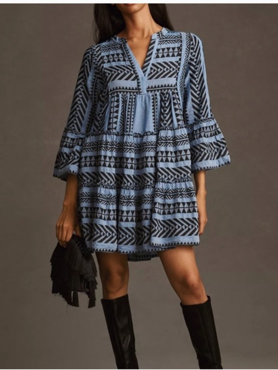 Anthropologie Dresses & Skirts - Anthropologie Devotion Twins Ella Tiered Blue Embroidered Mini Dress Size XS